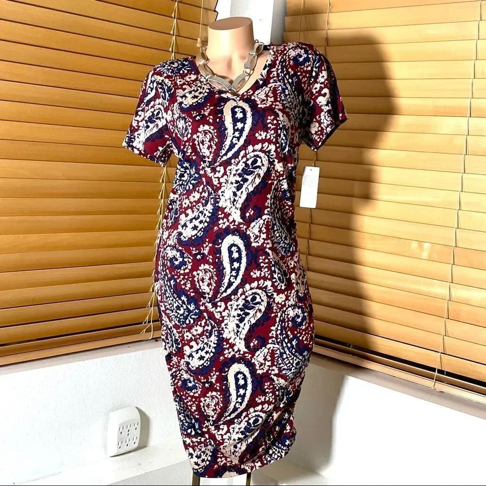 NWT M Morgan Taylor Stretch cinched Burgundy Navy Blue White Paisley Midi Dress